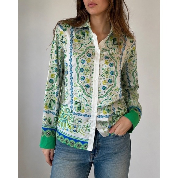 Rachel Zoe Tops - Rachel Zoe Green Paisley Button Down Shirt Scarf Print XS Boho Coastal Y2K‎